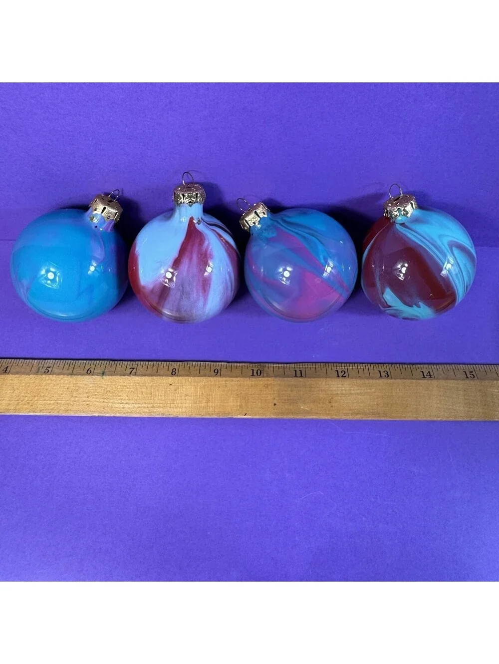 4 Vintage Glass Christmas Ornaments Swirl Marbled Red Blue Teal Handpainted 1990